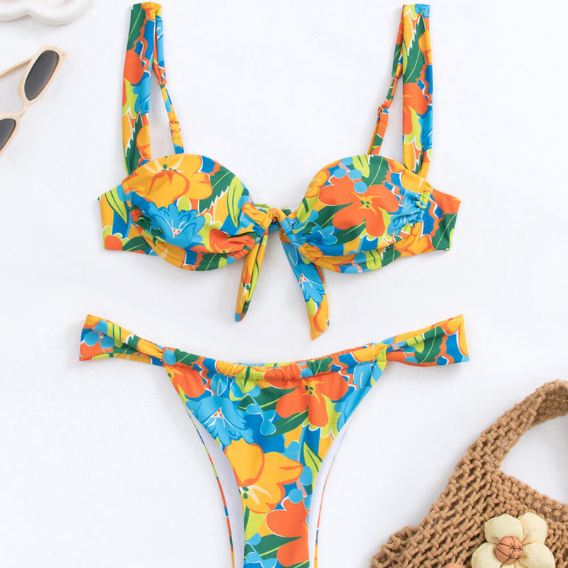 Boho Floral Print High Leg Cheeky Underwire Brazilian Two Piece Bikini Swimsuit