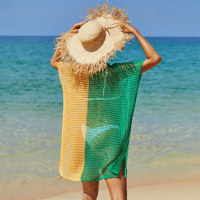 Bold Contrast Color V Neck Sheer Crochet Knit Brazilian Beach Tunic Cover Up