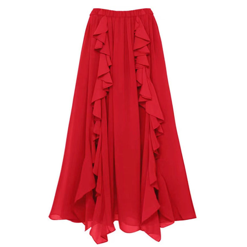 Flowy High Waist A Line High Split Ruffle Maxi Cover Up Skirt