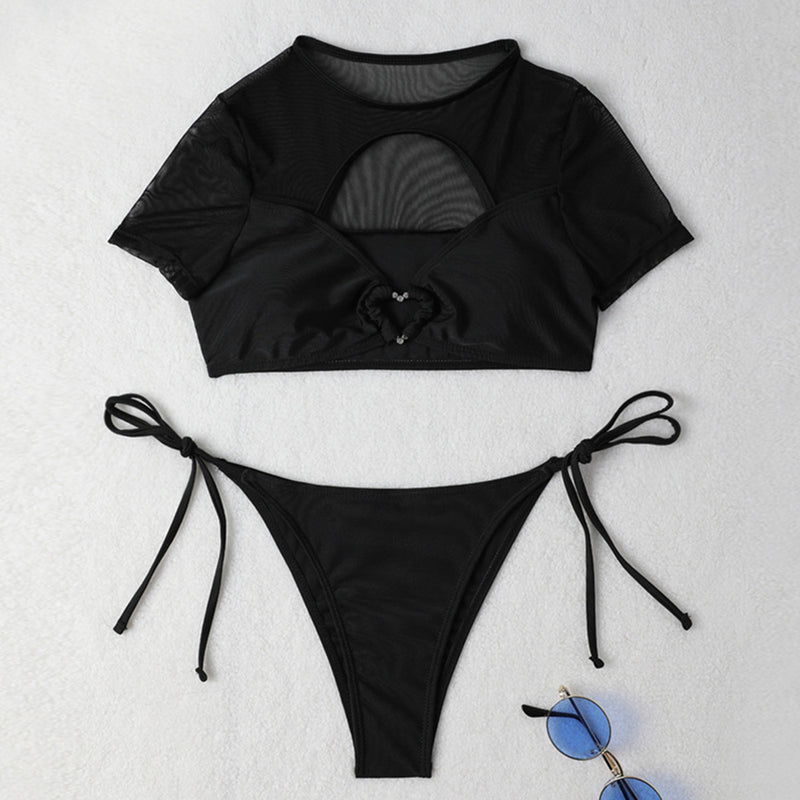 Glitter Heart Tie Side Mesh Panel Cutout Crop Brazilian Two Piece Bikini Swimsuit