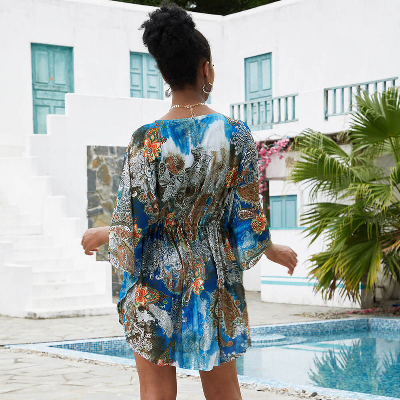 Resort Paisley Printed Mesh Drawstring Tie Brazilian Beach Cover Up Mini Dress