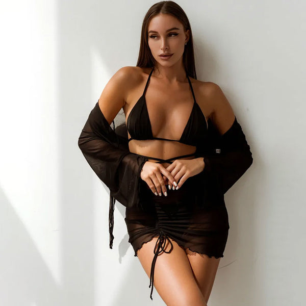 Sexy Ruffle Cover Up High Leg Wrap Triangle Brazilian Four Piece Bikini Swimsuit