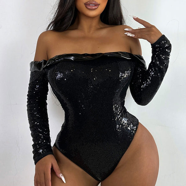Sparkly Sequin Sleeved Faux Leather Ruffle Off Shoulder Brazilian One Piece Swimsuit
