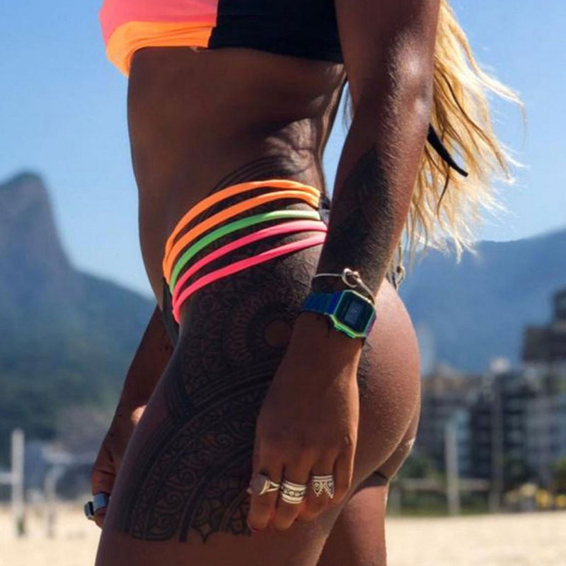 Sexy Strappy Rainbow Stripe Bandeau Thong Brazilian Two Piece Bikini Swimsuit
