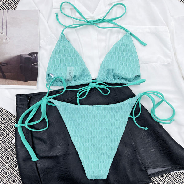 Stylish Textured Tie String Slide Triangle Brazilian Two Piece Bikini