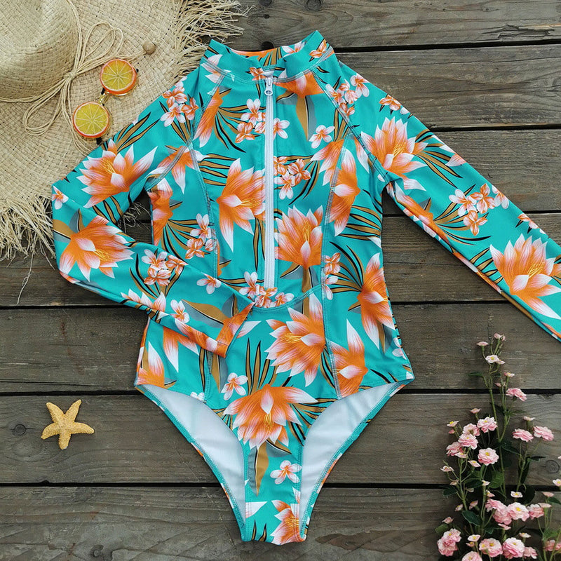 Tropical Floral Long Sleeve High Neck Rash Guard One Piece Swimsuit