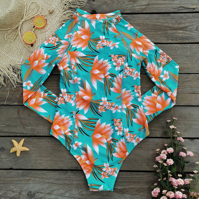 Tropical Floral Long Sleeve High Neck Rash Guard One Piece Swimsuit
