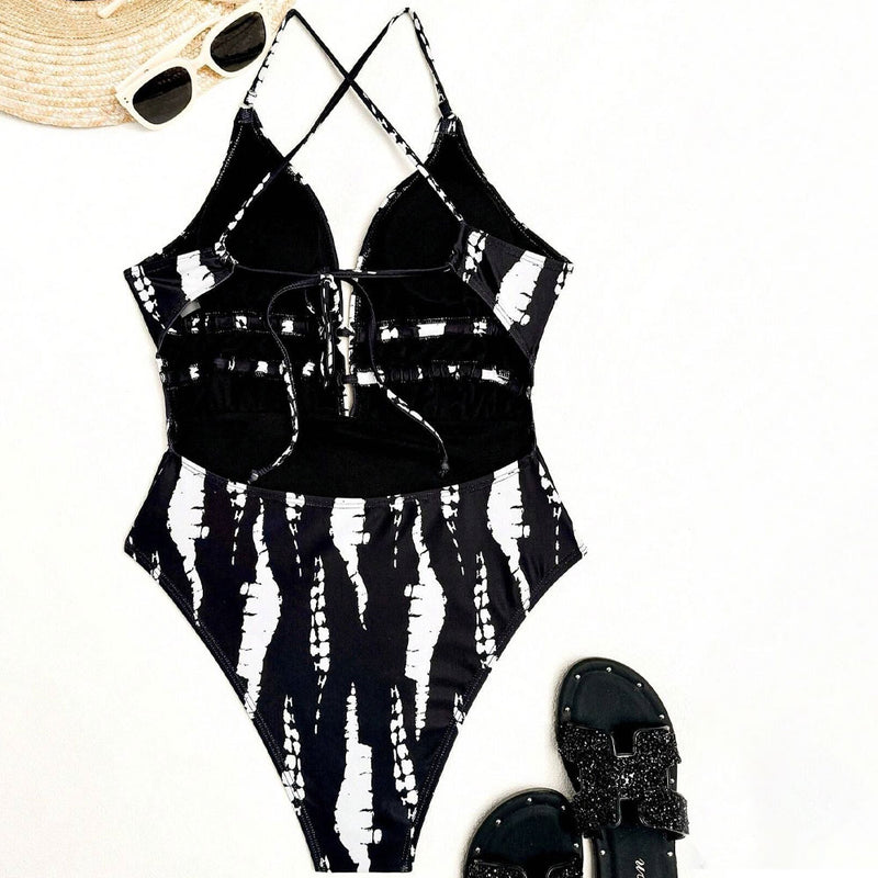 Abstract Print Moderate Shirred V Neck Cross Back Brazilian One Piece Swimsuit