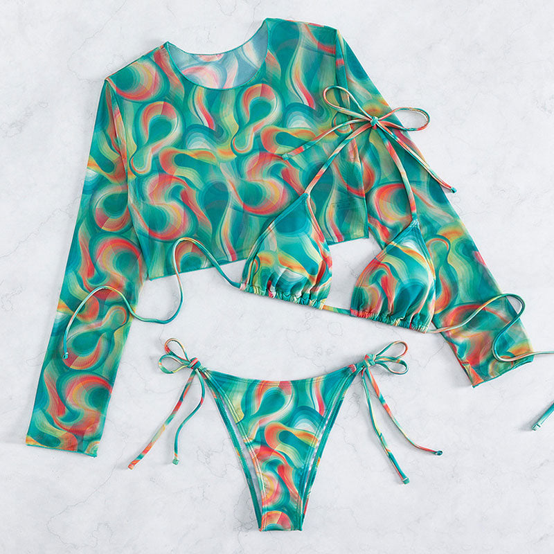 Abstract Printed Tie Side Cheeky Triangle Brazilian Three Piece Bikini Swimsuit