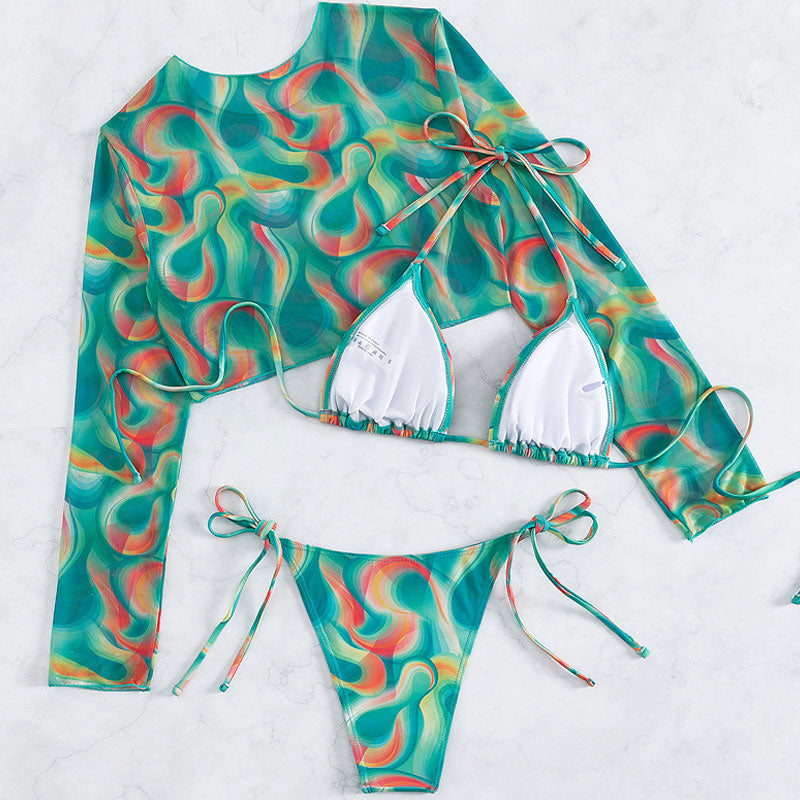 Abstract Printed Tie Side Cheeky Triangle Brazilian Three Piece Bikini Swimsuit