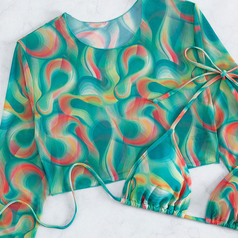 Abstract Printed Tie Side Cheeky Triangle Brazilian Three Piece Bikini Swimsuit
