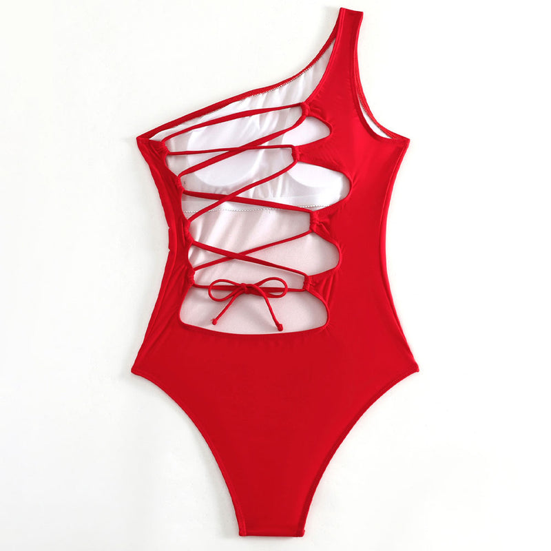 Asymmetric One Shoulder Solid Cutout Lace Up Back Brazilian One Piece Swimsuit
