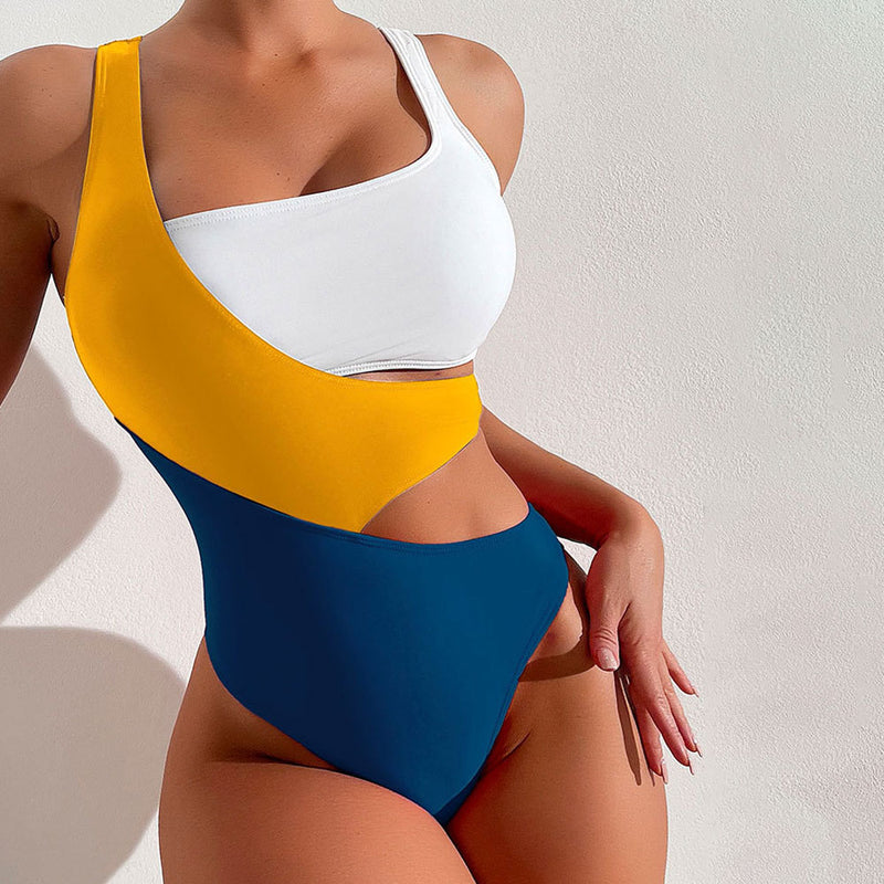 Asymmetrical Color Panel Cheeky Cutout Layered Brazilian One Piece Swimsuit