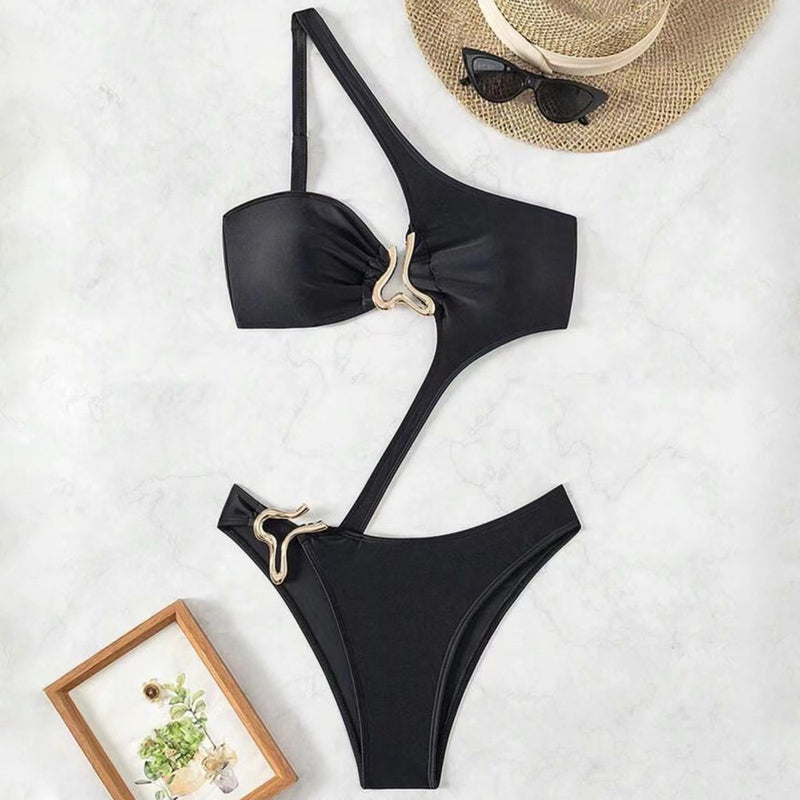 Asymmetrical High Cut Metallic Heart One Shoulder Brazilian One Piece Swimsuit