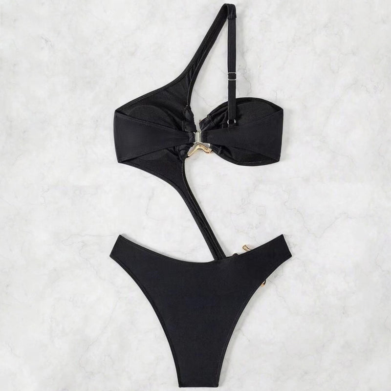 Asymmetrical High Cut Metallic Heart One Shoulder Brazilian One Piece Swimsuit