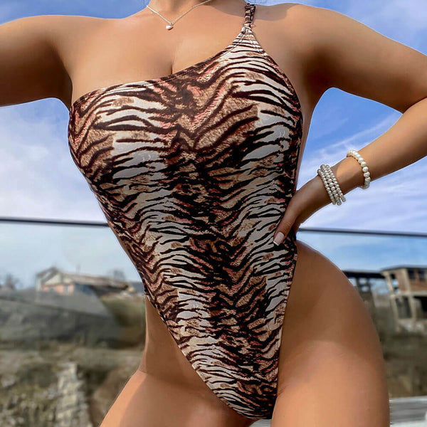 Asymmetrical Tiger Print High Leg One Shoulder Brazilian One Piece Swimsuit