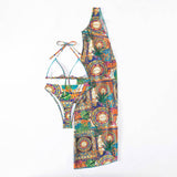 Asymmetrical Tropical Cover Up Thong Triangle Brazilian Three Piece Bikini Swimsuit