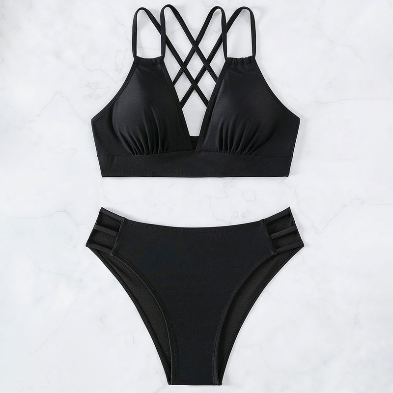 Athletic Cutout Cheeky Cross Back Triangle Brazilian Two Piece Bikini Swimsuit