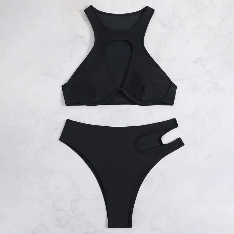 Athletic Cutout Cheeky High Neck Underwire Brazilian Two Piece Bikini Swimsuit