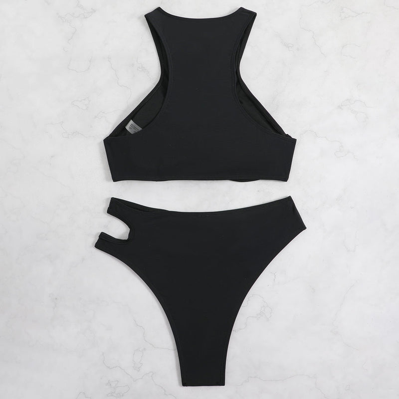 Athletic Cutout Cheeky High Neck Underwire Brazilian Two Piece Bikini Swimsuit