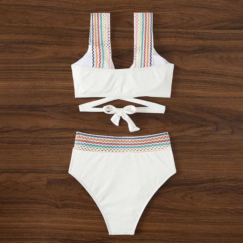 Athletic Rainbow High Waist Rib Knit Twist Front Brazilian Two Piece Bikini Swimsuit