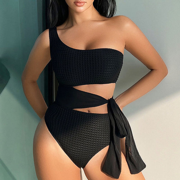 Athletic Textured Cutout Bow Tie Side One Shoulder Brazilian One Piece Swimsuit