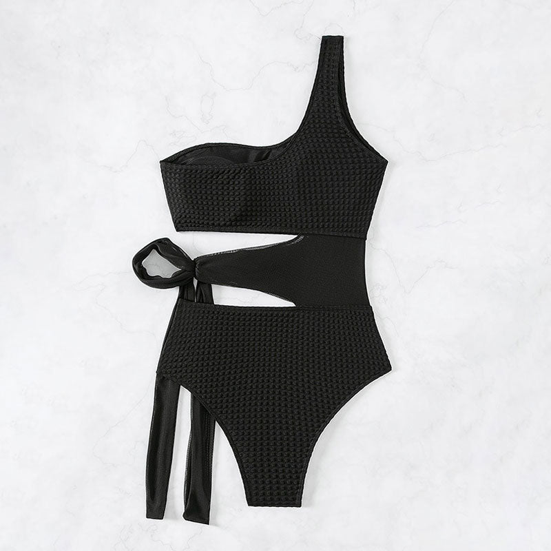 Athletic Textured Cutout Bow Tie Side One Shoulder Brazilian One Piece Swimsuit