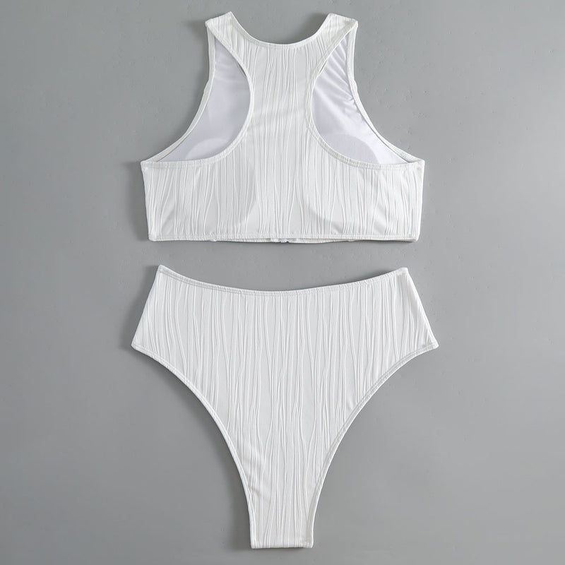 Athletic Textured Wavy High Waist Zip Up Brazilian Two Piece Bikini Swimsuit