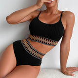 Athletic Zigzag High Waist Moderate Ribbed Crop Brazilian Two Piece Bikini Swimsuit