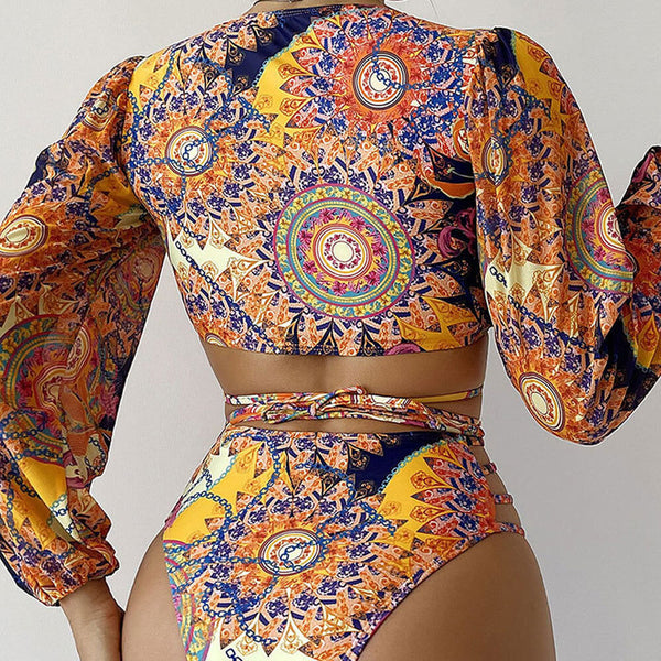 Baroque Print Cutout High Rise Wraparound Crop Brazilian Two Piece Bikini Swimsuit