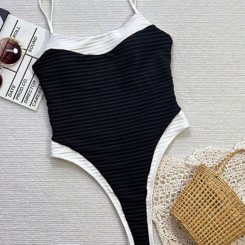 Black and White Ribbed Cutout Back High Leg Thong Brazilian One Piece Swimsuit