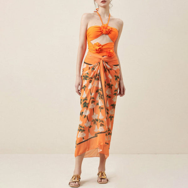 Bohemian Floral Print Tie Up High Waist High Split Maxi Cover Up Sarong