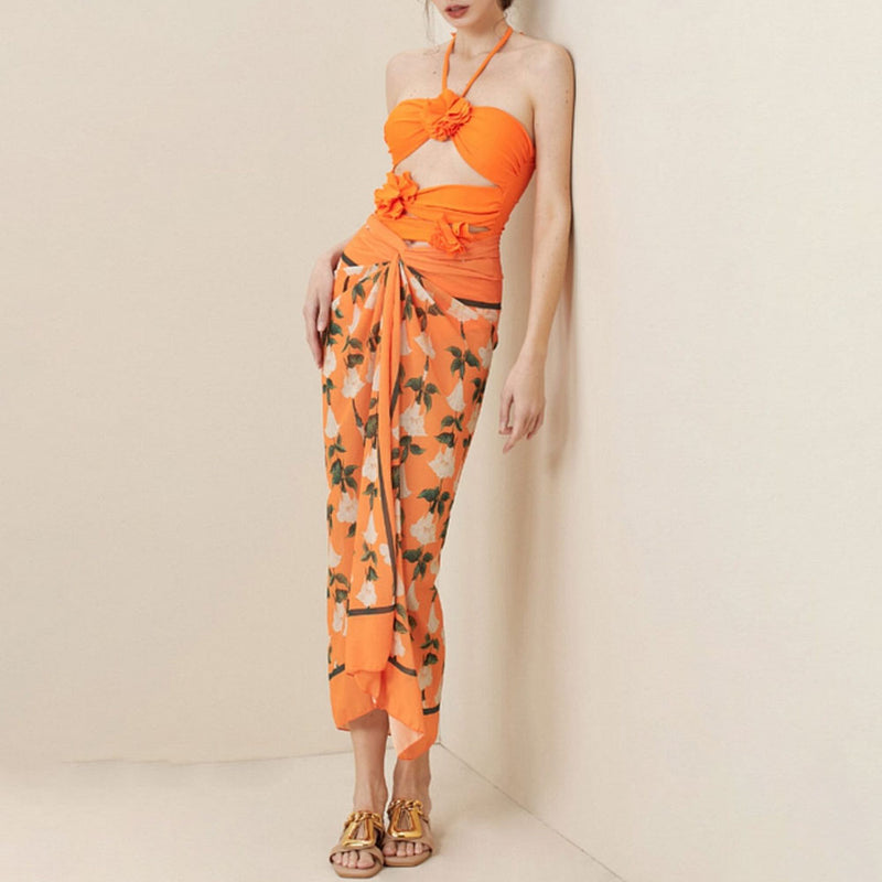 Bohemian Floral Print Tie Up High Waist High Split Maxi Cover Up Sarong