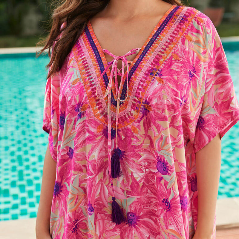 Bohemian Floral Printed Lace Up V Neck Split Caftan Beach Cover Up