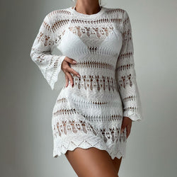 Boho Crew Neck Scalloped Bell Sleeve Ladder Knit Brazilian Cover Up Mini Dress