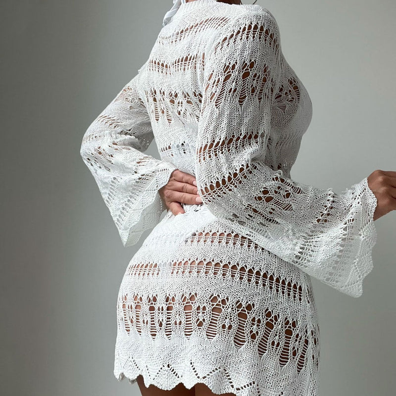 Boho Crew Neck Scalloped Bell Sleeve Ladder Knit Brazilian Cover Up Mini Dress