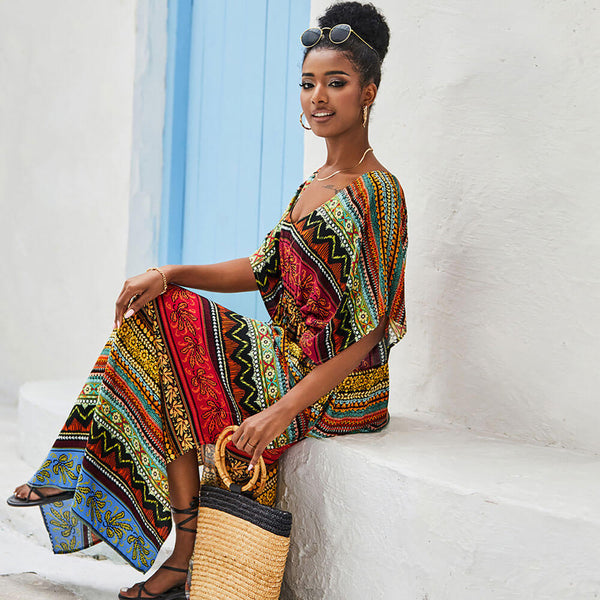 Boho Ethnic Floral Printed Side Split Oversized Brazilian Caftan Cover Up Maxi Dress
