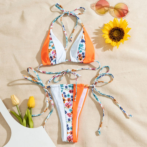 Boho Floral Color Panel Tie String Cheeky Slide Triangle Brazilian Two Piece Bikini Swimsuit