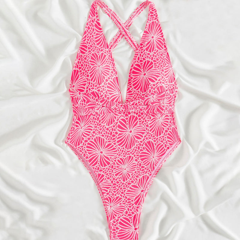 Boho Floral Deep V Neck Cross Wrap Low Back Brazilian One Piece Swimsuit