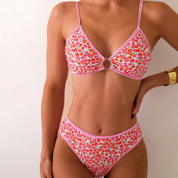 Boho Floral Gingham Cheeky O Ring Bralette Brazilian Two Piece Bikini Swimsuit