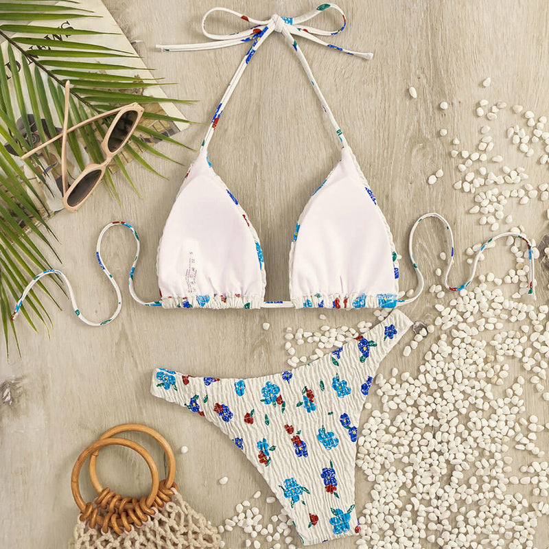 Boho Floral High Neck Cheeky Shirred Triangle Brazilian Two Piece Bikini Swimsuit