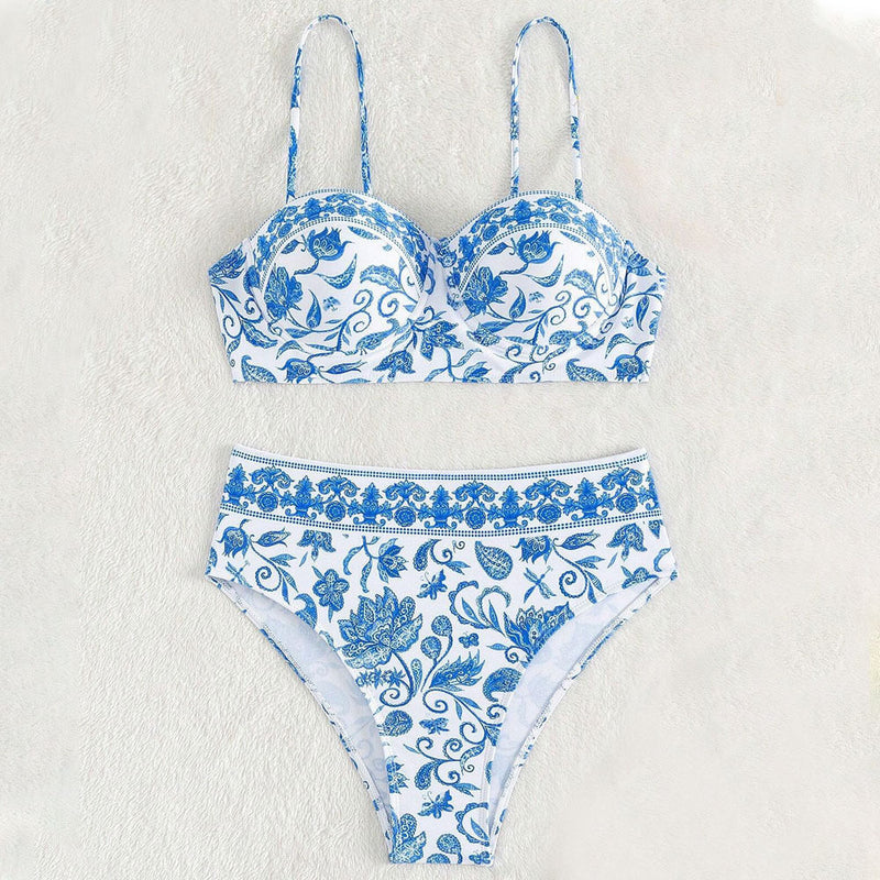 Boho Floral High Rise Underwire Bandeau Brazilian Two Piece Bikini Swimsuit