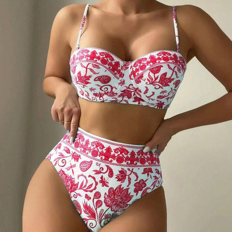 Boho Floral High Rise Underwire Bandeau Brazilian Two Piece Bikini Swimsuit
