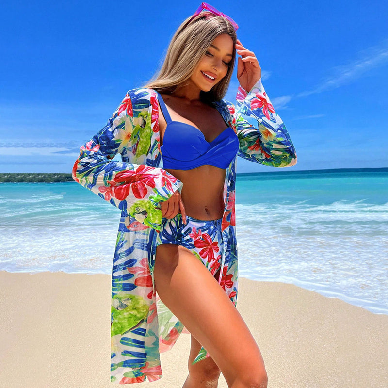 Boho Floral Printed Cover Up Underwire Brazilian Three Piece Bikini Swimsuit