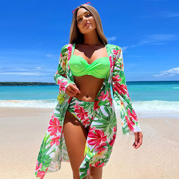 Boho Floral Printed Cover Up Underwire Brazilian Three Piece Bikini Swimsuit