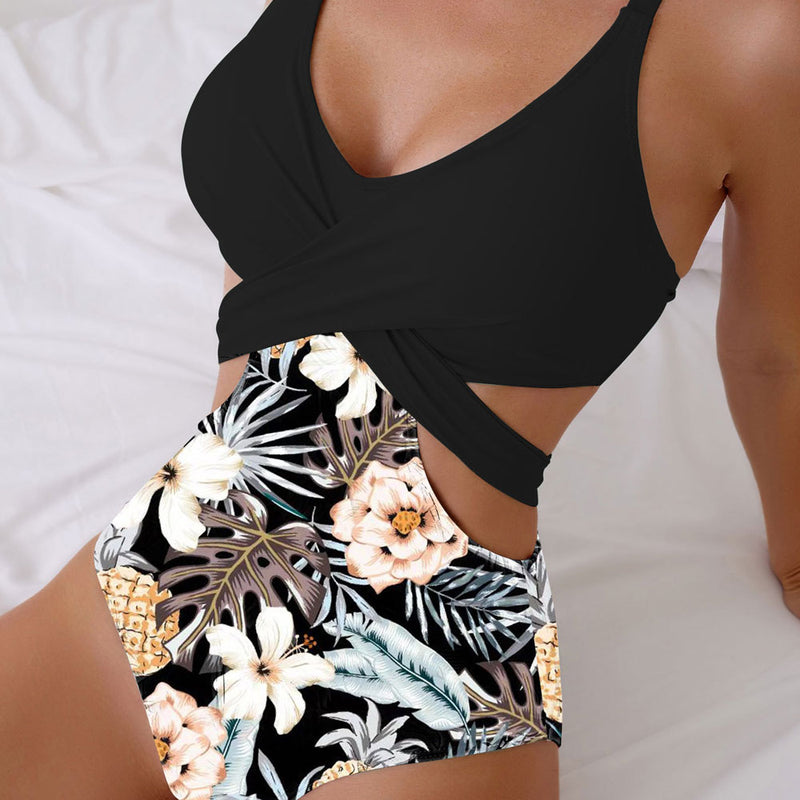Boho Floral Printed Cutout Moderate Wrap Brazilian One Piece Swimsuit