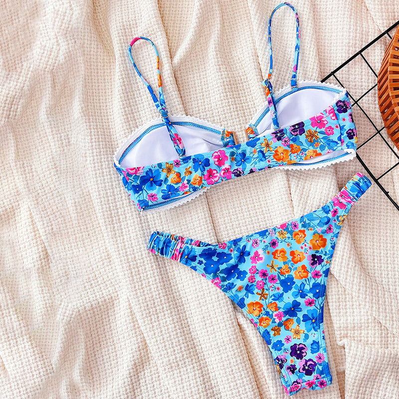 Boho Floral Scrunch Side High Leg Notch Bandeau Brazilian Two Piece Bikini Swimsuit