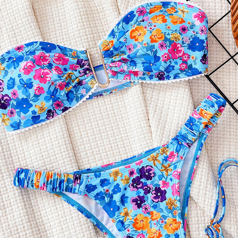 Boho Floral Scrunch Side High Leg Notch Bandeau Brazilian Two Piece Bikini Swimsuit