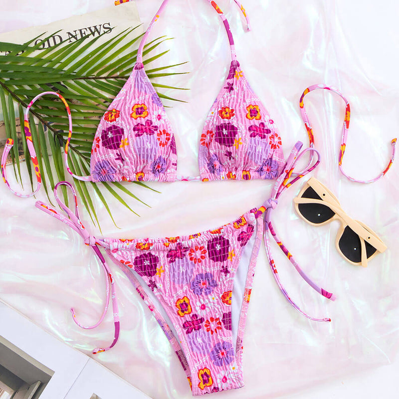 Boho Floral Tie Side Cheeky Popcorn Slide Triangle Brazilian Two Piece Bikini Swimsuit