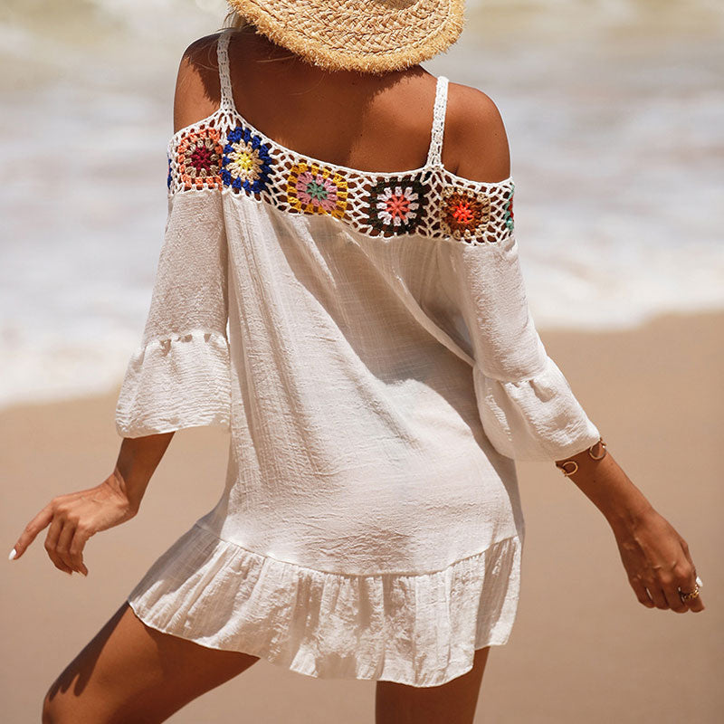 Boho Granny Square Crochet Knit Cold Shoulder Ruffle Brazilian Beach Cover Up